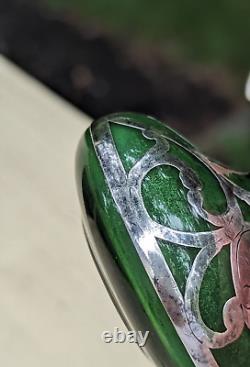 ART NOUVEAU 1900's GREEN ART GLASS 3.25 PERFUME BOTTLE STERLING SILVER OVERLAY