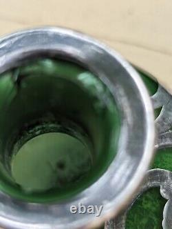 ART NOUVEAU 1900's GREEN ART GLASS 3.25 PERFUME BOTTLE STERLING SILVER OVERLAY