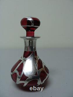 ART NOUVEAU CRANBERRY GLASS COLOGNE PERFUME BOTTLE with STERLING SILVER OVERLAY