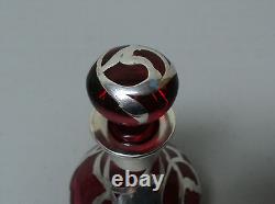 ART NOUVEAU CRANBERRY GLASS COLOGNE PERFUME BOTTLE with STERLING SILVER OVERLAY