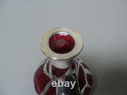 ART NOUVEAU CRANBERRY GLASS COLOGNE PERFUME BOTTLE with STERLING SILVER OVERLAY