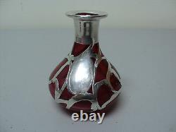 ART NOUVEAU CRANBERRY GLASS COLOGNE PERFUME BOTTLE with STERLING SILVER OVERLAY