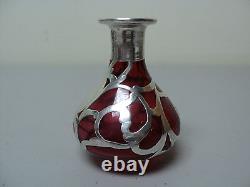 ART NOUVEAU CRANBERRY GLASS COLOGNE PERFUME BOTTLE with STERLING SILVER OVERLAY