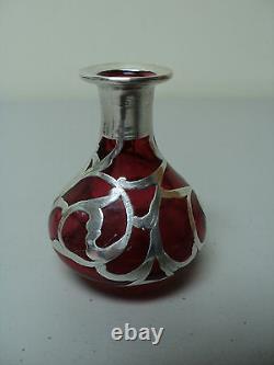 ART NOUVEAU CRANBERRY GLASS COLOGNE PERFUME BOTTLE with STERLING SILVER OVERLAY