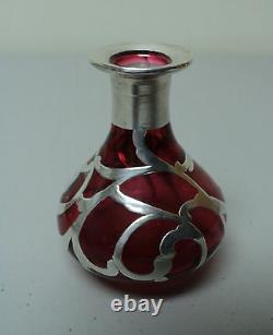 ART NOUVEAU CRANBERRY GLASS COLOGNE PERFUME BOTTLE with STERLING SILVER OVERLAY