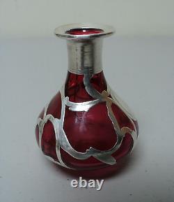 ART NOUVEAU CRANBERRY GLASS COLOGNE PERFUME BOTTLE with STERLING SILVER OVERLAY