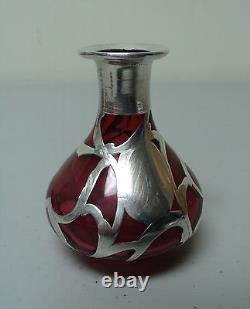 ART NOUVEAU CRANBERRY GLASS COLOGNE PERFUME BOTTLE with STERLING SILVER OVERLAY