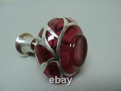 ART NOUVEAU CRANBERRY GLASS COLOGNE PERFUME BOTTLE with STERLING SILVER OVERLAY