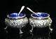 A. Jacobi & Co. Rose Repousse Sterling Silver Pair Of Salt Cellars Cobalt Glass