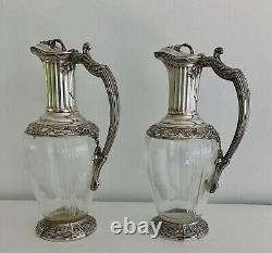 A Lovely Pair Of Antique 19th Century French Sterling Silver&Cut Glass Pitchers