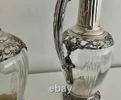 A Lovely Pair Of Antique 19th Century French Sterling Silver&Cut Glass Pitchers