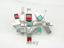 Abstract Red Blue Glass Sterling Silver Brooch Pendant