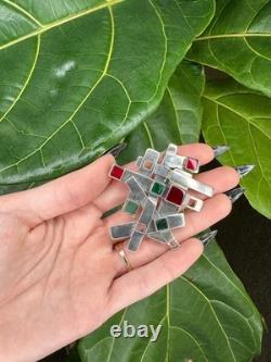 Abstract Red Blue Glass Sterling Silver Brooch Pendant