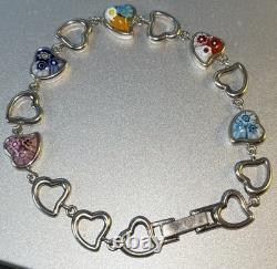 Alan K 925 Sterling Silver Millefiore Glass Hearts Fold Over Clasp 7.5 Bracelet