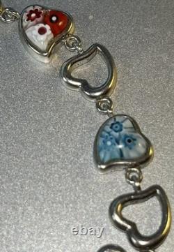 Alan K 925 Sterling Silver Millefiore Glass Hearts Fold Over Clasp 7.5 Bracelet