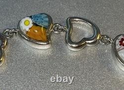 Alan K 925 Sterling Silver Millefiore Glass Hearts Fold Over Clasp 7.5 Bracelet