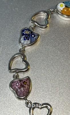 Alan K 925 Sterling Silver Millefiore Glass Hearts Fold Over Clasp 7.5 Bracelet