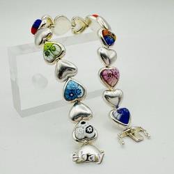 Alan K 925 Sterling Silver Murano Glass Hearts Millefiori Heart Link Bracelet 7