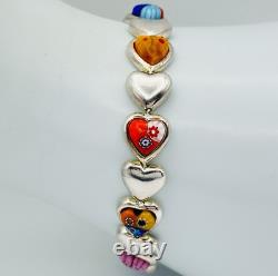Alan K 925 Sterling Silver Murano Glass Hearts Millefiori Heart Link Bracelet 7