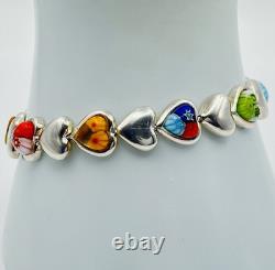 Alan K 925 Sterling Silver Murano Glass Hearts Millefiori Heart Link Bracelet 7