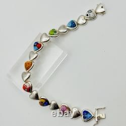 Alan K 925 Sterling Silver Murano Glass Hearts Millefiori Heart Link Bracelet 7