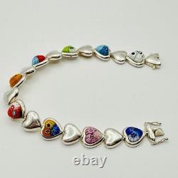 Alan K 925 Sterling Silver Murano Glass Hearts Millefiori Heart Link Bracelet 7