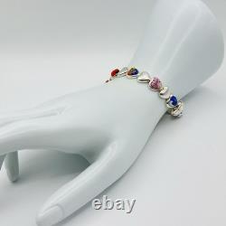 Alan K 925 Sterling Silver Murano Glass Hearts Millefiori Heart Link Bracelet 7