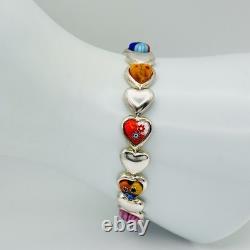 Alan K 925 Sterling Silver Murano Glass Hearts Millefiori Heart Link Bracelet 7