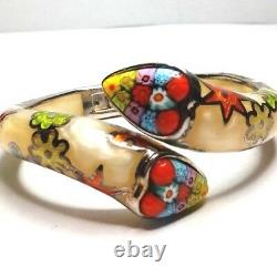 Alan K. Designer Millefiori Murano Glass Sterling Silver Hinged Bangle Bracelet