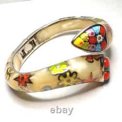 Alan K. Designer Millefiori Murano Glass Sterling Silver Hinged Bangle Bracelet