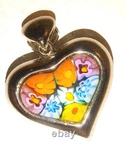 Alan K. Signed Sterling Silver Murano Millefiori Glasd Flower Heart Pendant