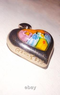 Alan K. Signed Sterling Silver Murano Millefiori Glasd Flower Heart Pendant