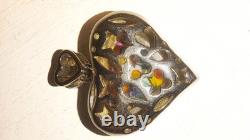 Alan K. Signed Sterling Silver Murano Millefiori Glasd Flower Heart Pendant