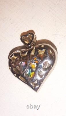 Alan K. Signed Sterling Silver Murano Millefiori Glasd Flower Heart Pendant