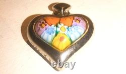 Alan K. Signed Sterling Silver Murano Millefiori Glasd Flower Heart Pendant