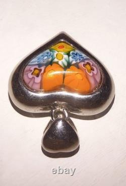 Alan K. Signed Sterling Silver Murano Millefiori Glasd Flower Heart Pendant