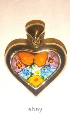 Alan K. Signed Sterling Silver Murano Millefiori Glasd Flower Heart Pendant