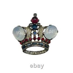 Alfred Philippe TRIFARI Crown Pin Brooch Sterling Silver Opaline Glass Red Blue