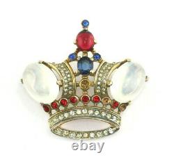 Alfred Philippe Trifari Sterling Silver Large Moonstone Rhinestone Crown Brooch