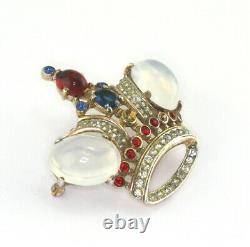 Alfred Philippe Trifari Sterling Silver Large Moonstone Rhinestone Crown Brooch