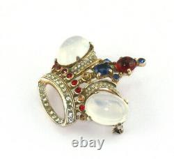 Alfred Philippe Trifari Sterling Silver Large Moonstone Rhinestone Crown Brooch