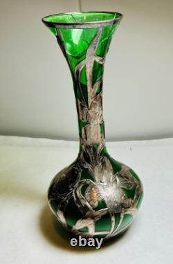 Alvin Vase Antique Art Nouveau American Silver Overlay Green Glass-8