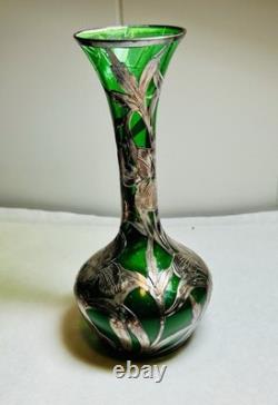 Alvin Vase Antique Art Nouveau American Silver Overlay Green Glass-8
