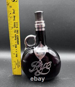 Amethyst Glass RYE Bottle Art Deco Sterling Silver Handle and Overlay