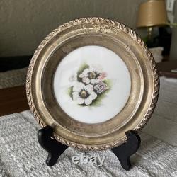 Amston Sterling Rose Of Sharon 1950 Hand Colored Flower Plate with Sterling Trim