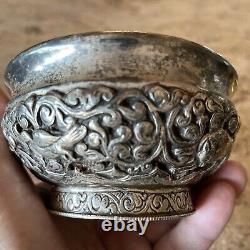 Ancient Antique Sterling Silver Overlay Glass Bowl Many Figures Intricate Design