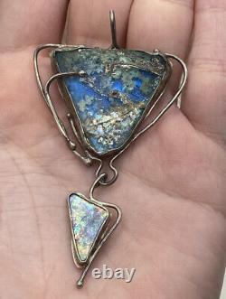 Ancient Original Roman Glass Sterling Silver Pendant Pin Brooch
