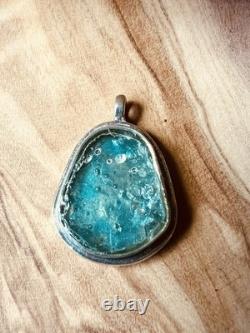 Ancient Roman Glass Pendant 925 Sterling Silver Blue Patina Israel Artifact