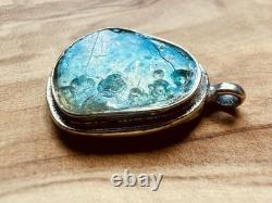 Ancient Roman Glass Pendant 925 Sterling Silver Blue Patina Israel Artifact