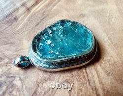 Ancient Roman Glass Pendant 925 Sterling Silver Blue Patina Israel Artifact